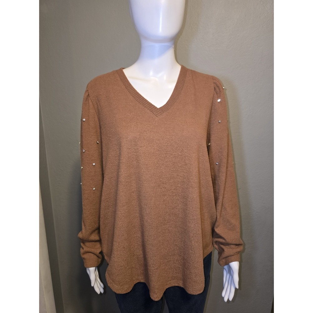 Democracy Jewel Rhinestone Embellished Brown V Neck Sweater Soft Chic Sz 1X